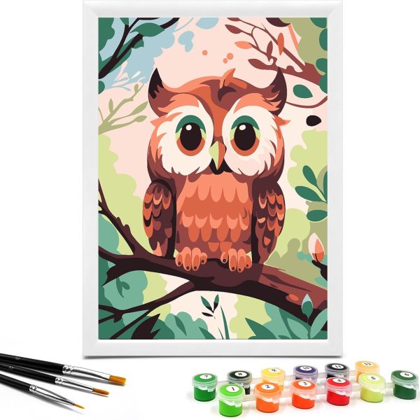 Paint by Numbers for Kids Ages 4-8 with 7X9.5 inch Pre-Printed Cardboard,12 Acrylic Paint Pots and 3 Painting Brushes, Craft Gift Room Decor for Children,(Cute Owl)