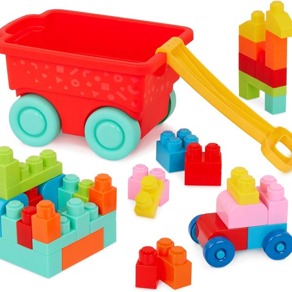 – Building Blocks – 47Pc Brick Set – Colorful & Chunky Bricks – Unique Wheel Bricks – 12 Months + –  Red Builder's Wagon