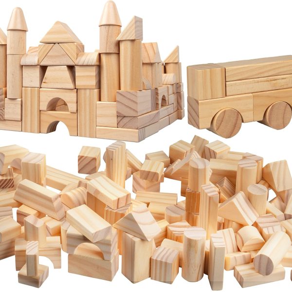 Wooden Blocks Set - 100 Pc Natural Colored Wood Building Block Toys- 100% Real Wood, 14 Different Shapes, Great Gift for Kids or School Project, Hands On Indoor Activity Play- Build,  and Create